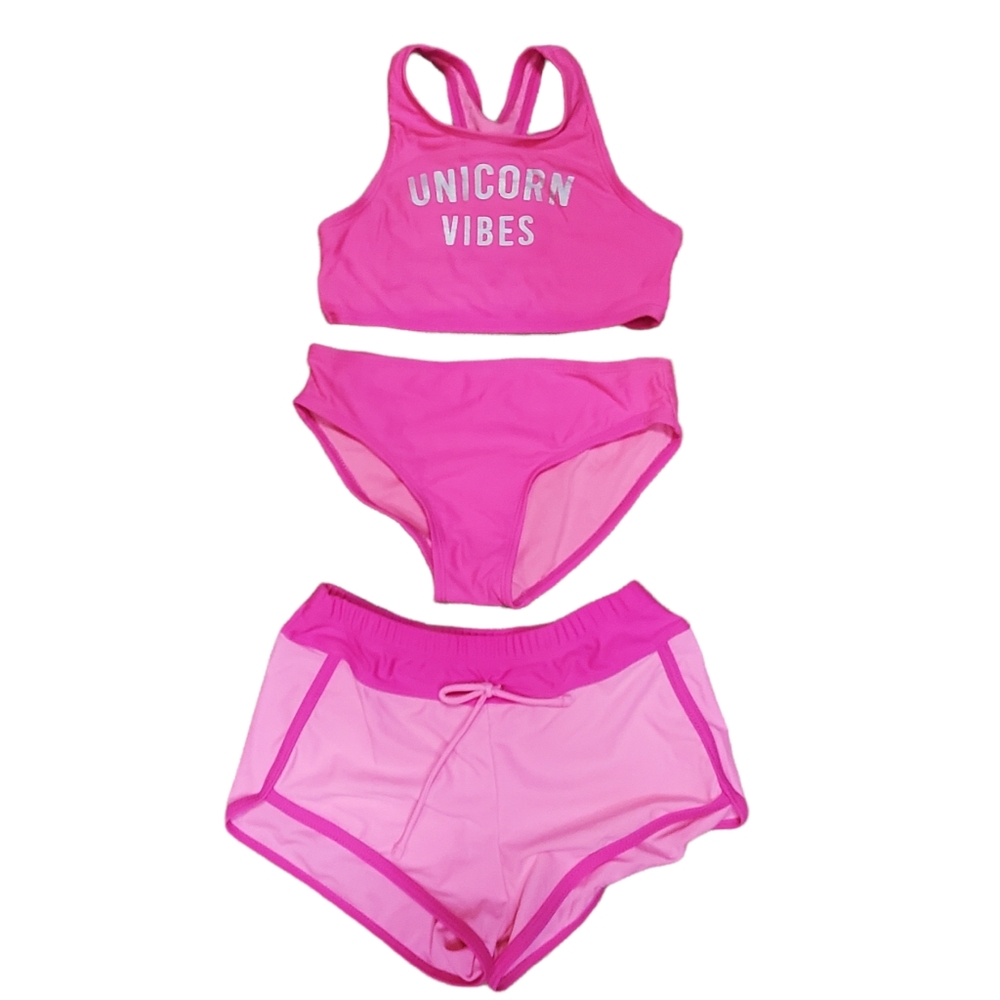 Girl's Wave Zone hot pink Unicorn Vibes bikini swimsuit w/ swim shorts size 7/8